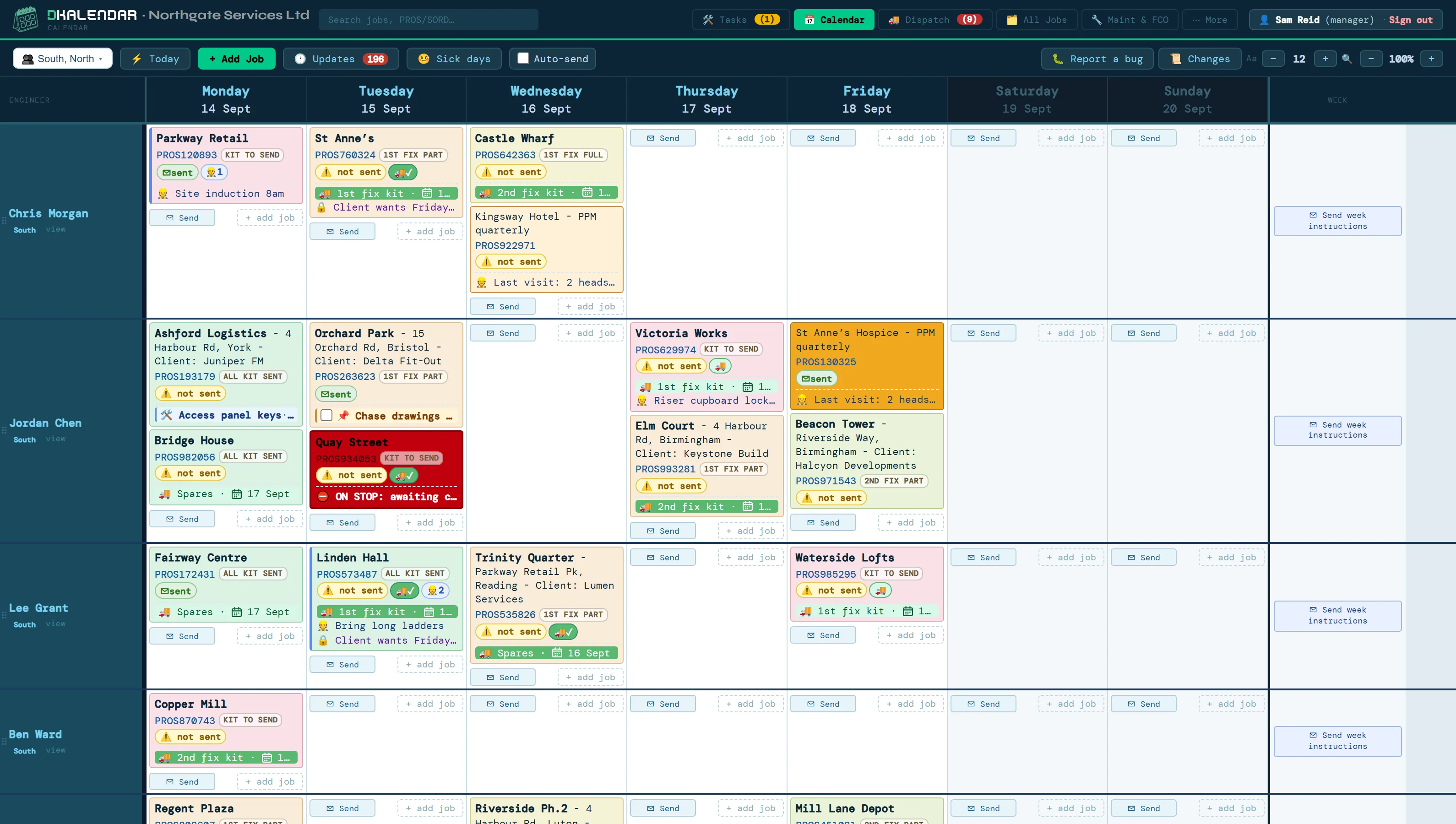 The DKalendar office calendar: engineers down the side, the week across the top, every visit a chip with its job, address, kit status, notes and send state